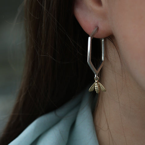 Honeycomb Large Silver Hoop with 9ct Yellow Gold Bee by Sheila Fleet Jewellery