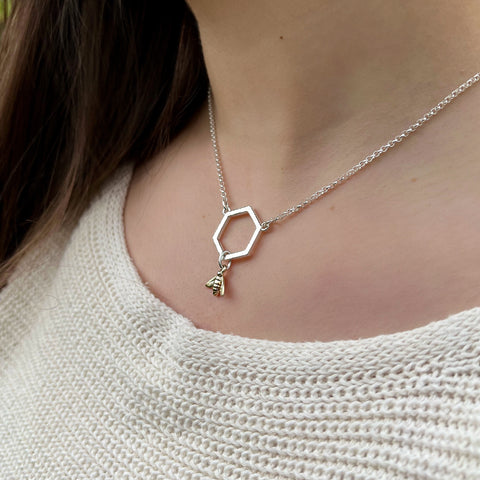 Honeycomb Silver Small Necklace with 9ct Yellow Gold Bee