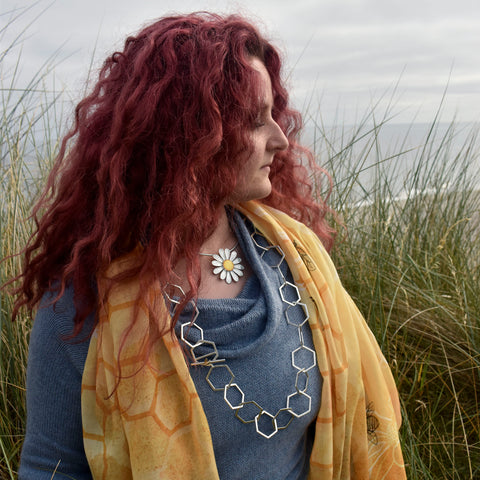 Honeycomb Full Silver Necklace with 9ct Yellow Gold Honeybee by Sheila Fleet Jewellery