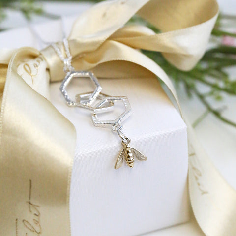 Honeycomb & Bee Small 3-link Pendant in Silver & 9ct Yellow Gold by Sheila Fleet Jewellery