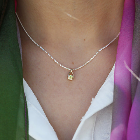 Peridot Birthstone Petite Droplet Pendant in Silver & 9ct Yellow Gold by Sheila Fleet Jewellery