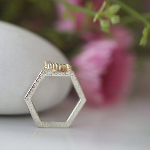 Honeycomb Silver Hexagon Ring with 9ct Yellow Gold Bee by Sheila Fleet Jewellery