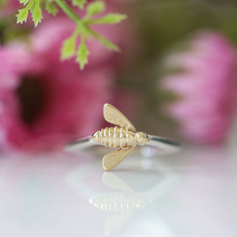 Honeycomb Silver Hexagon Ring with 9ct Yellow Gold Bee by Sheila Fleet Jewellery