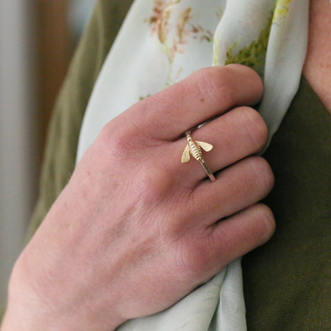 Honeycomb Silver Hexagon Ring with 9ct Yellow Gold Bee by Sheila Fleet Jewellery