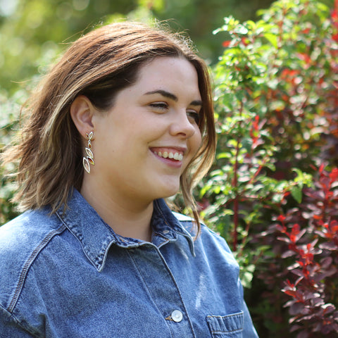 Seasons Gold Leaves 6-leaf Drop Earrings in Autumn Enamel by Sheila Fleet Jewellery