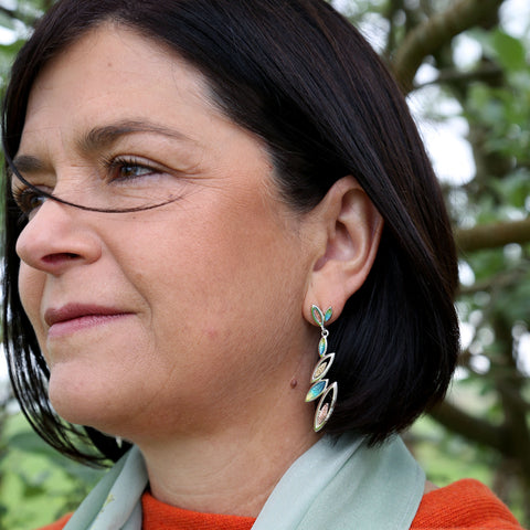 Seasons Gold Leaves 6-leaf Drop Earrings in Summer Enamel by Sheila Fleet Jewellery