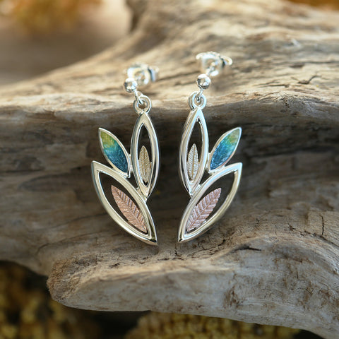 Seasons Gold Leaves 3-leaf Drop Earrings in Summer Enamel by Sheila Fleet Jewellery