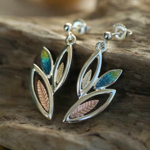 Seasons Gold Leaves 3-leaf Drop Earrings in Summer Enamel by Sheila Fleet Jewellery