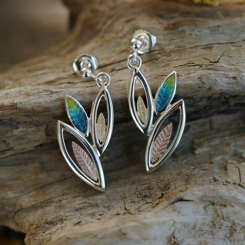 Seasons Gold Leaves 3-leaf Drop Earrings in Summer Enamel by Sheila Fleet Jewellery