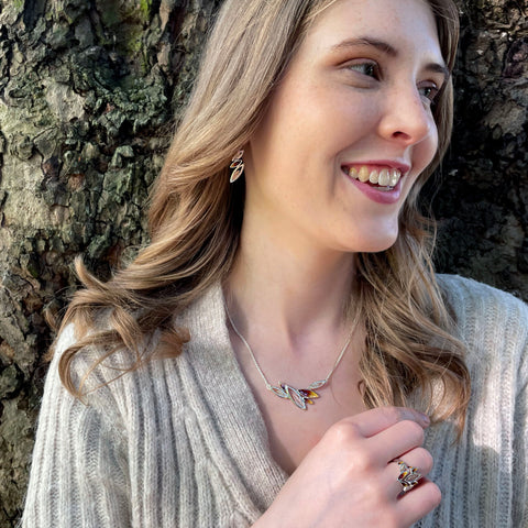 Seasons Gold Leaves Necklace in Autumn Enamel