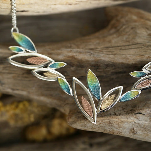 Seasons Gold Leaves Dress Necklace in Summer Enamel by Sheila Fleet Jewellery