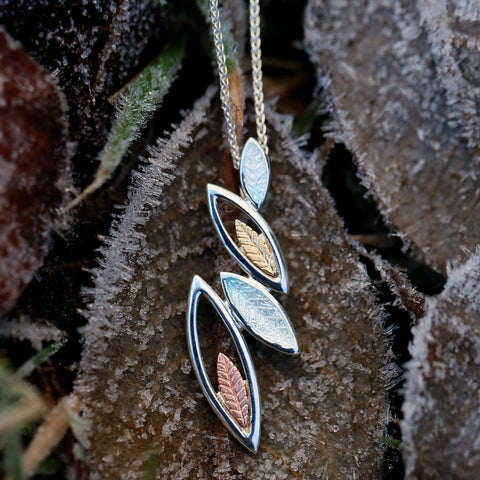Seasons Gold Leaves Pendant Necklace in Winter Enamel by Sheila Fleet Jewellery