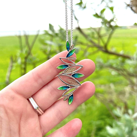 Seasons Gold Leaves Dress Pendant in Spring Enamel