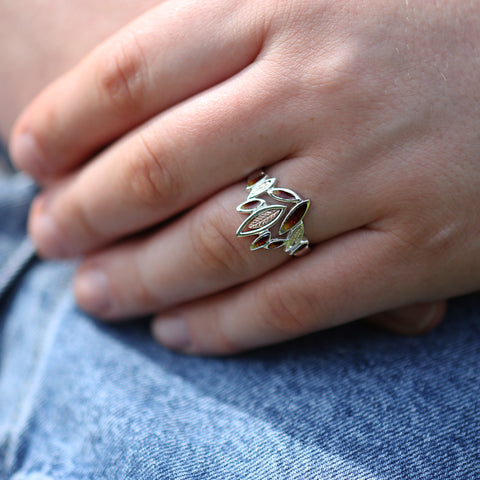 Seasons Gold Leaves Ring in Autumn Enamel by Sheila Fleet Jewellery