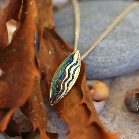 Sands of Time Small 18ct Yellow Gold Pendant in Light Ocean Enamel by Sheila Fleet Jewellery