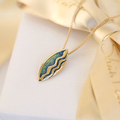 Sands of Time Small 18ct Yellow Gold Pendant in Light Ocean Enamel by Sheila Fleet Jewellery