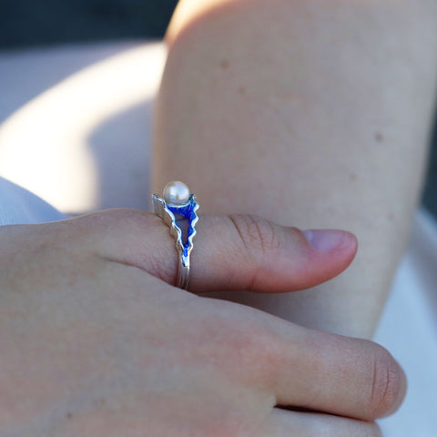 Scallop Pearl Ring in Scallop Blue Enamel by Sheila Fleet Jewellery