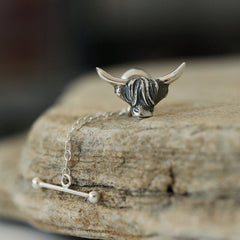 Highland Cow Tie Tack in Sterling Silver by Sheila Fleet Jewellery
