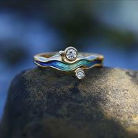 River Ripples 18ct Yellow Gold 3mm & 2mm Diamond Ring in Ocean Enamel