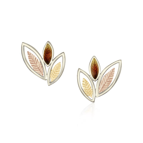 Seasons Autumn 3-leaf Stud Earrings in 18ct White, Yellow & Rose Gold by Sheila Fleet Jewellery