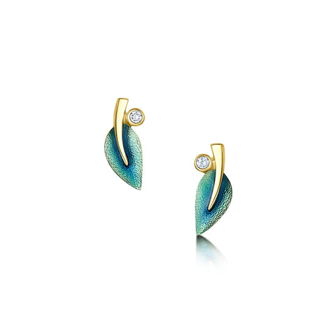 18ct Gold Rowan Small Diamond Stud Earrings in Evergreen Enamel