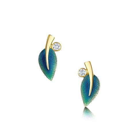 18ct Gold Rowan Diamond Stud Earrings in Evergreen Enamel