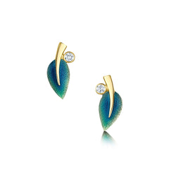 18ct Gold Rowan Diamond Stud Earrings in Evergreen Enamel