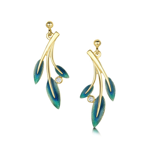 18ct Gold Rowan Three-Leaf Diamond Drop Earrings in Evergreen Enamel by Sheila Fleet Jewellery