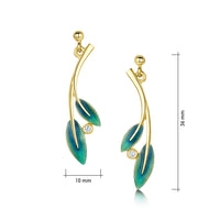 18ct Gold Rowan Two-Leaf Diamond Drop Earrings in Evergreen Enamel