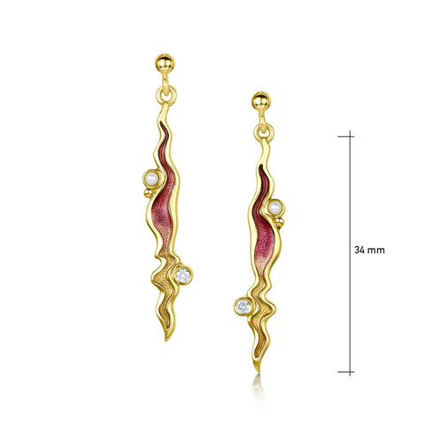 River Ripples 18ct Yellow Gold Diamond & Pearl Dress Drop Earrings in Hot Pink Enamel by Sheila Fleet Jewellery