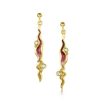 River Ripples 18ct Yellow Gold Diamond & Pearl Dress Drop Earrings in Hot Pink Enamel by Sheila Fleet Jewellery