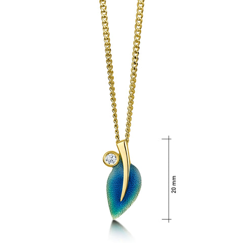 18ct Gold Rowan Single-Leaf Diamond Pendant in Evergreen Enamel