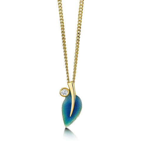 18ct Gold Rowan Single-Leaf Diamond Pendant in Evergreen Enamel