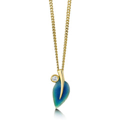 18ct Gold Rowan Single-Leaf Diamond Pendant in Evergreen Enamel