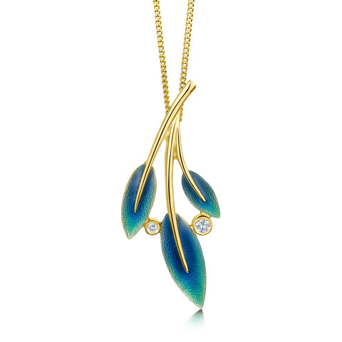 18ct Gold Rowan Three-Leaf Diamond Pendant in Evergreen Enamel