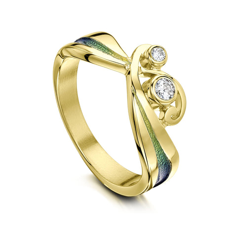 New Wave 18ct Yellow Gold Diamond Ring in Ocean Enamel by Sheila Fleet Jewellery