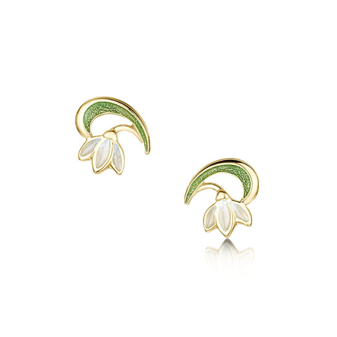 Snowdrop 18ct Yellow Gold Stud Earrings in Opal White Enamel by Sheila Fleet Jewellery