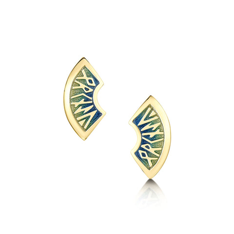 Runic 18ct Yellow Gold Small Stud Earrings in Ocean Enamel by Sheila Fleet Jewellery