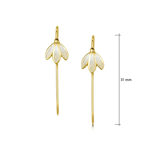 Snowdrop 18ct Yellow Gold Stem Earrings in Opal White Enamel