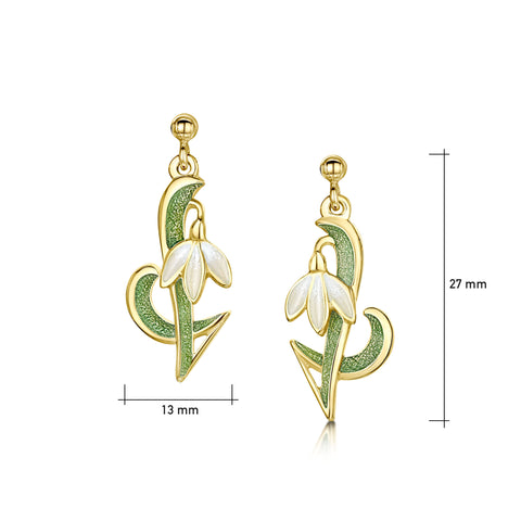 Snowdrop 18ct Yellow Gold Drop Earrings in Opal White Enamel