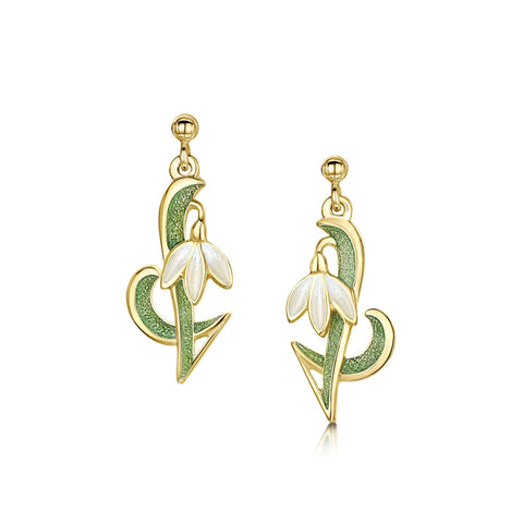 Snowdrop 18ct Yellow Gold Drop Earrings in Opal White Enamel by Sheila Fleet Jewellery
