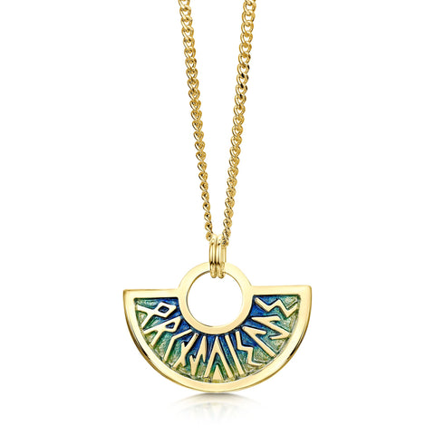 Runic 18ct Yellow Gold Pendant in Ocean Enamel by Sheila Fleet Jewellery
