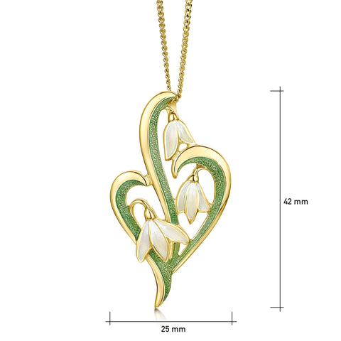 Snowdrop 3-leaf 18ct Yellow Gold Pendant in Opal White Enamel