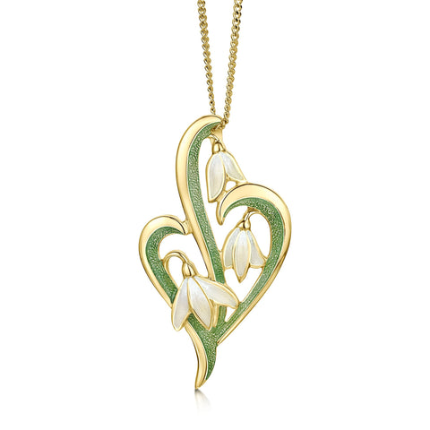 Snowdrop 3-leaf 18ct Yellow Gold Pendant in Opal White Enamel by Sheila Fleet Jewellery