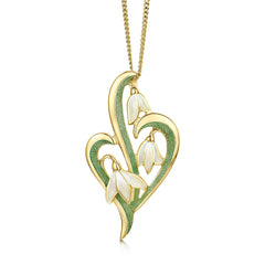 Snowdrop 3-leaf 18ct Yellow Gold Pendant in Opal White Enamel by Sheila Fleet Jewellery