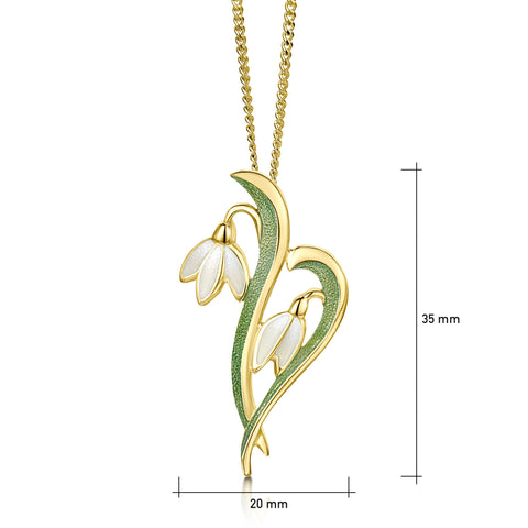Snowdrop 18ct Yellow Gold 2-flower Small Pendant in Opal White Enamel