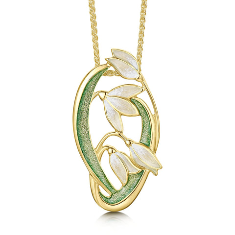 Snowdrop 4-flower 18ct Yellow Gold Pendant in Opal White Enamel by Sheila Fleet Jewellery