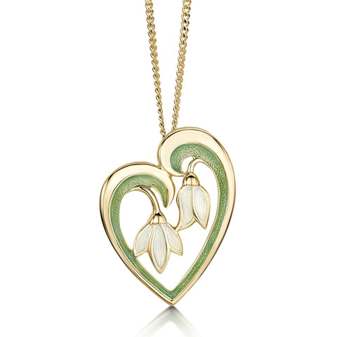 Snowdrop 18ct Yellow Gold Heart Pendant in Opal White Enamel by Sheila Fleet Jewellery