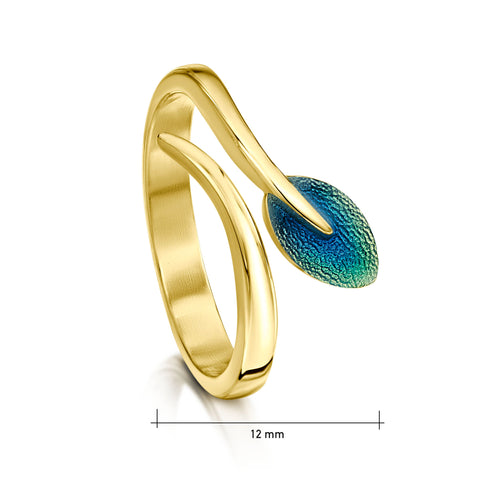 18ct Yellow Gold Rowan Leaf Ring in Evergreen Enamel