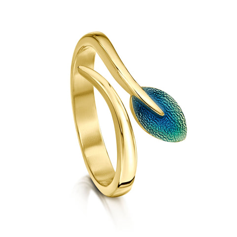 18ct Yellow Gold Rowan Leaf Ring in Evergreen Enamel by Sheila Fleet Jewellery